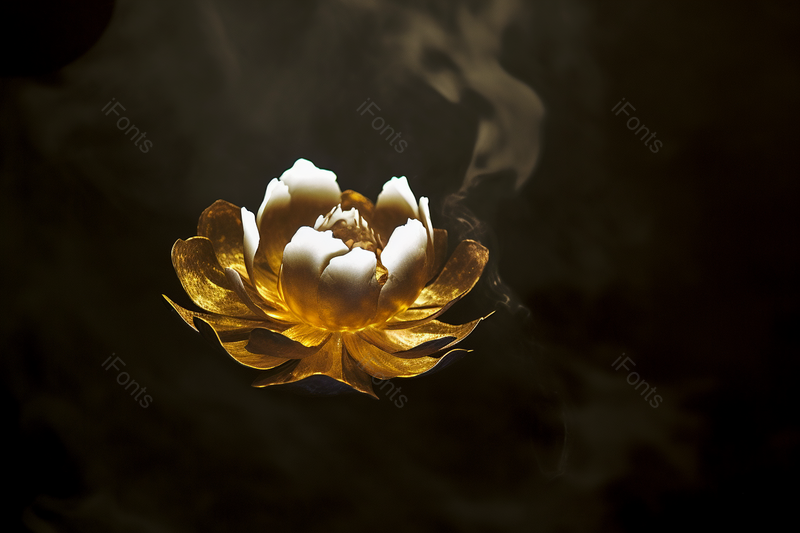 烟雾缭绕在阳光下禅意的金色莲花,高清,摄影图,摄影图片,图片大全,摄影图免费下载